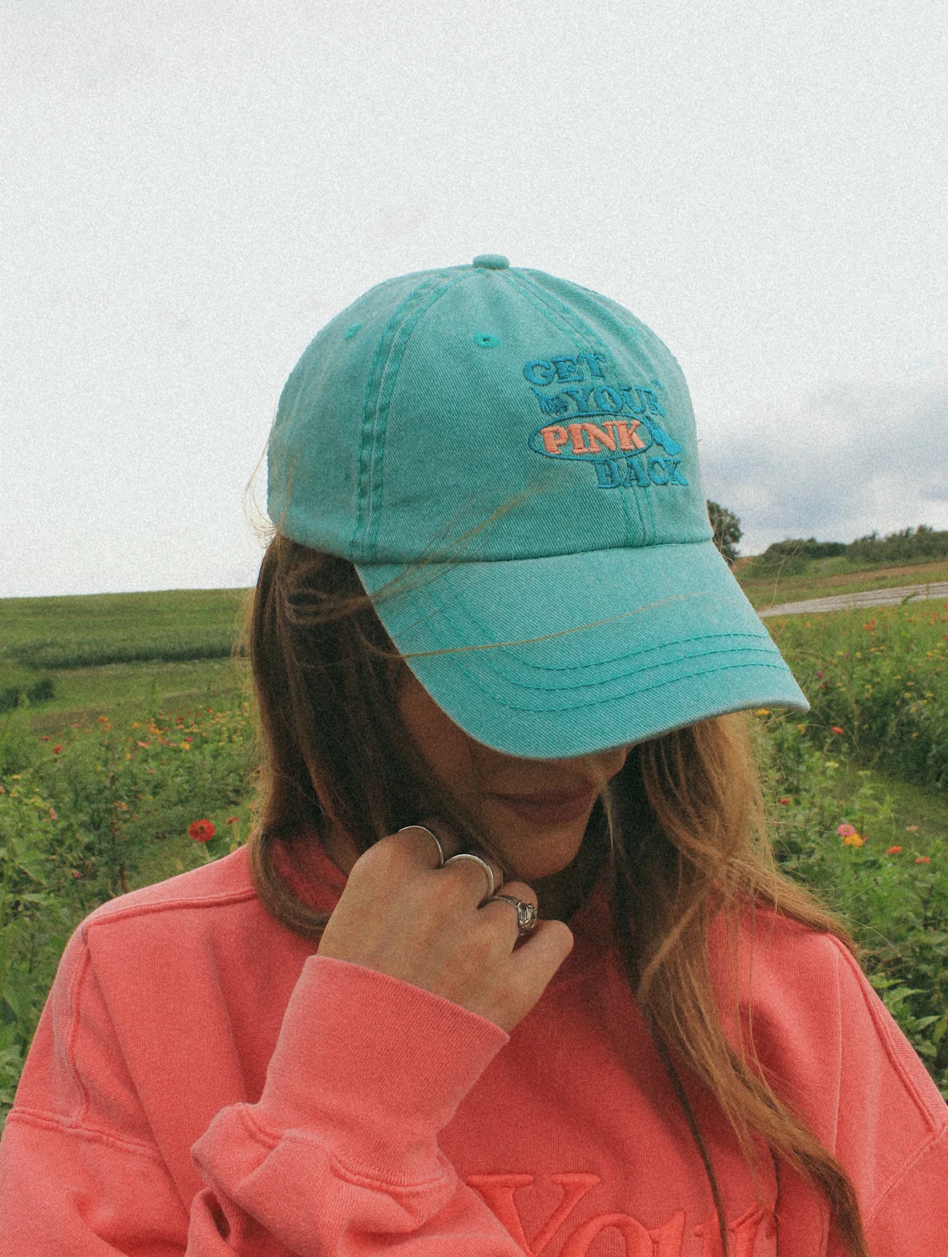 Get Your Pink Back® Feather Line Green Dad Hat - Image 2