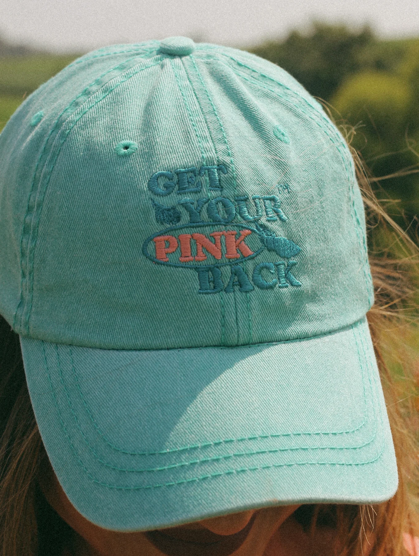 Get Your Pink Back® Feather Line Green Dad Hat - Image 3